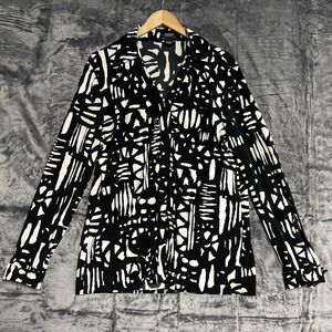 Peck & Peck Women's XL Black White Artsy Long Sleeve Blouse Stretch Funky Gothic